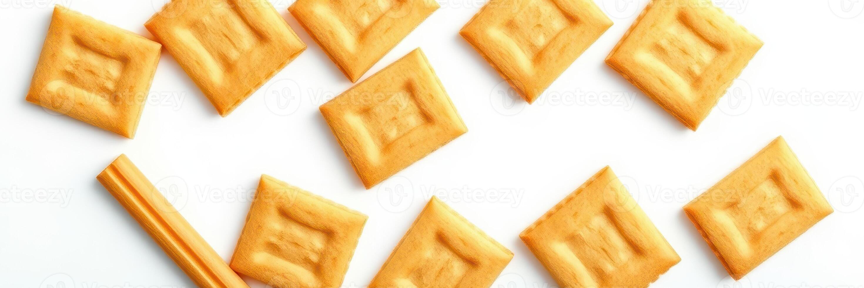 Assorted golden crackers arranged neatly on a white background with a breadstick photo
