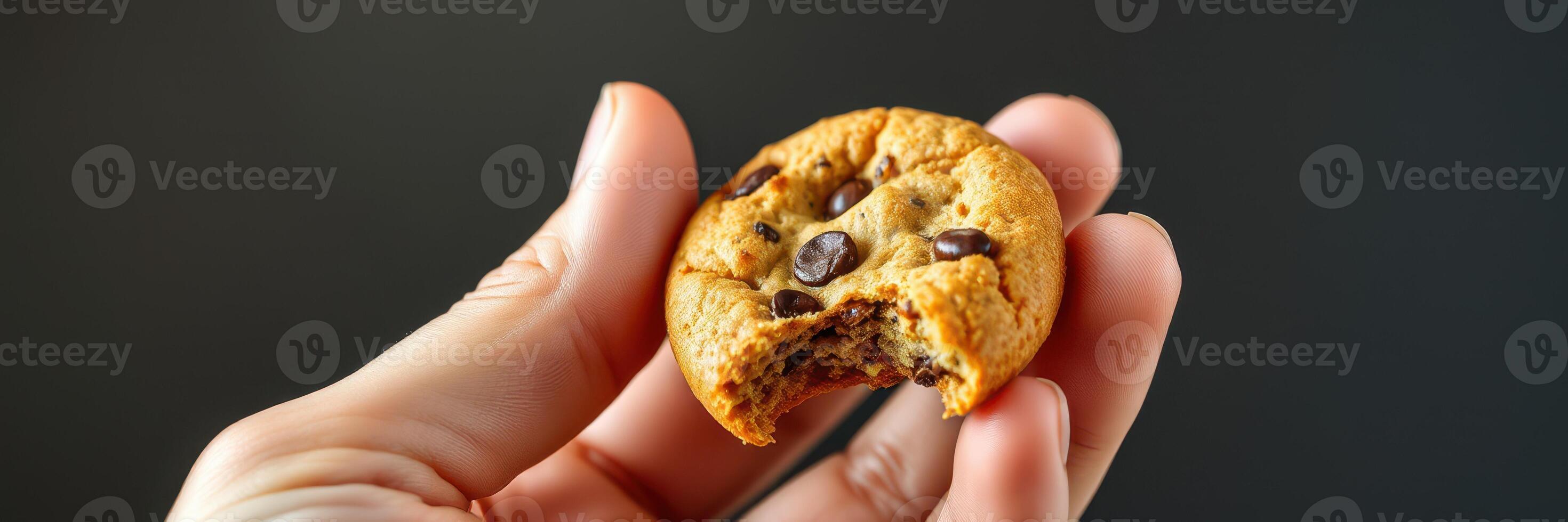 Delicious bite-sized chocolate chip cookie held by a hand against a dark background photo