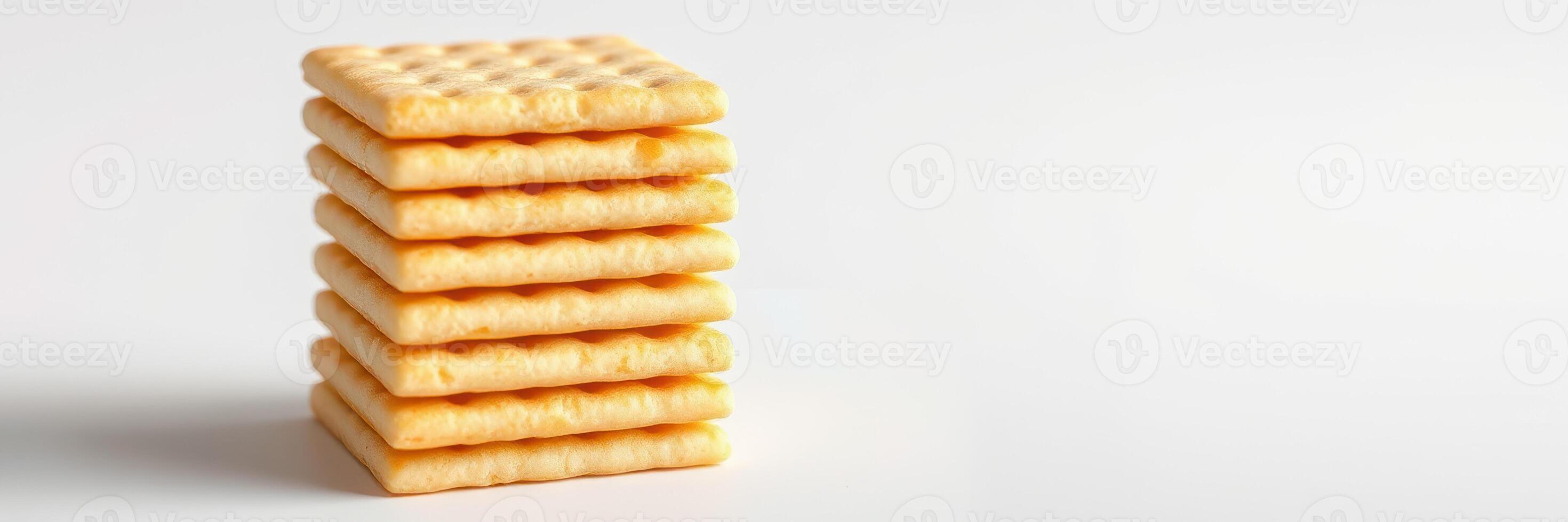 Stack of crispy crackers arranged neatly on a plain surface in a well-lit environment photo