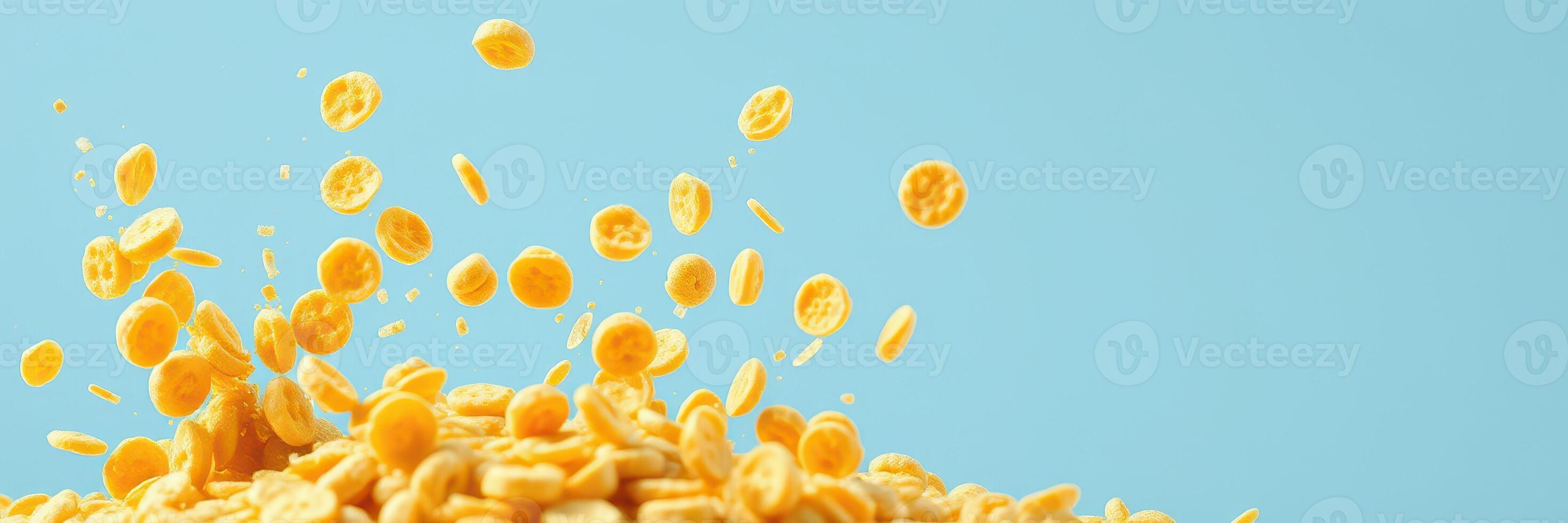 Crispy cereal pieces scatter playfully against a bright blue background during breakfast preparation photo