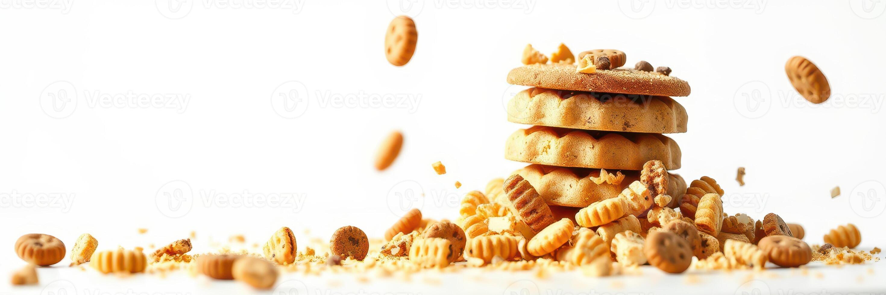 Cookies scatter around a stack of freshly baked treats on a bright surface in a fun kitchen setting photo
