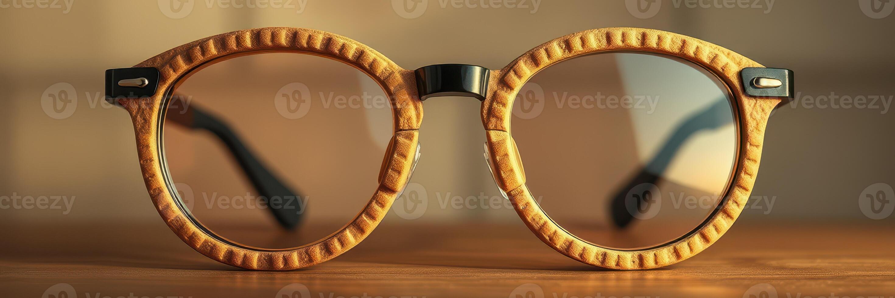 Unique round sunglasses with a textured frame gently resting on a wooden surface in warm lighting photo