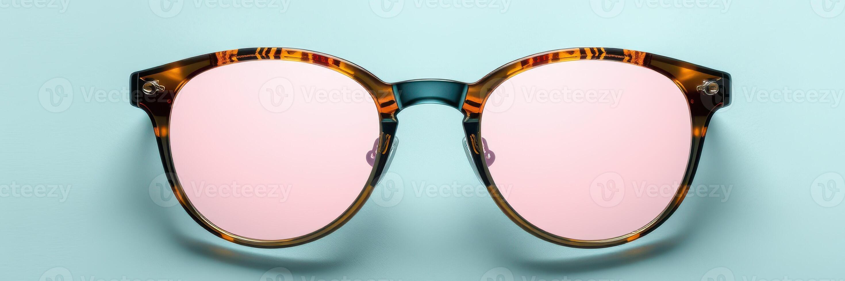 Stylish tortoiseshell sunglasses with pink lenses displayed against a light blue background for a trendy look photo