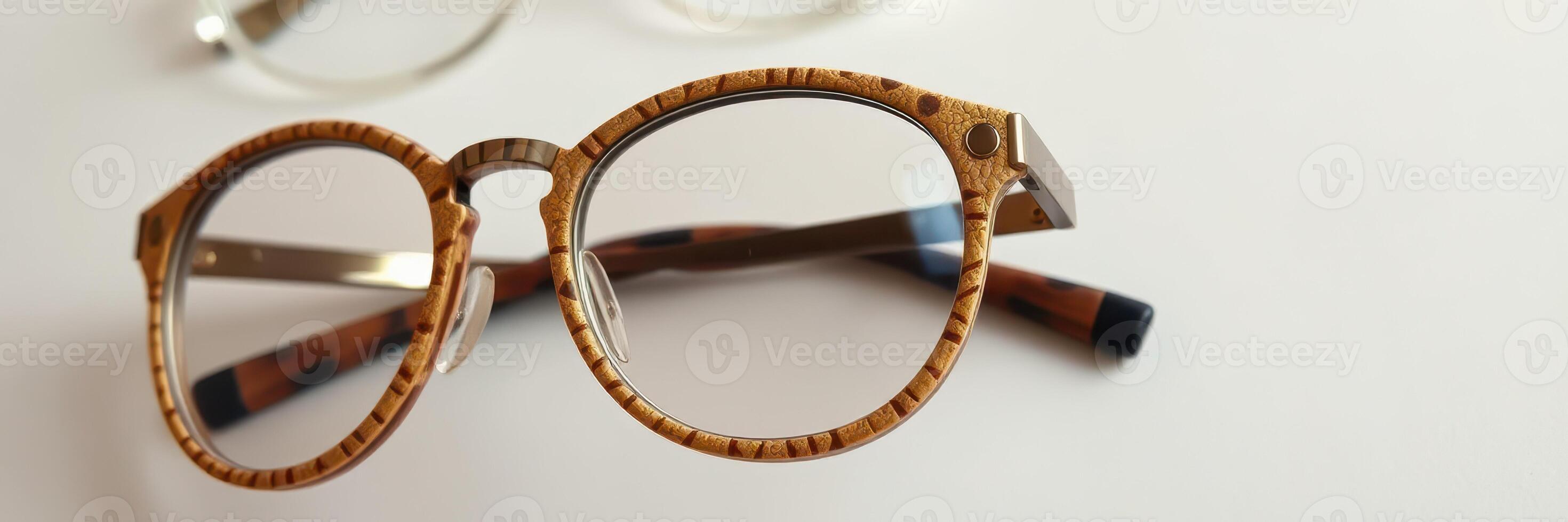 Stylish tortoiseshell glasses resting on a clean surface with additional eyewear in the background photo