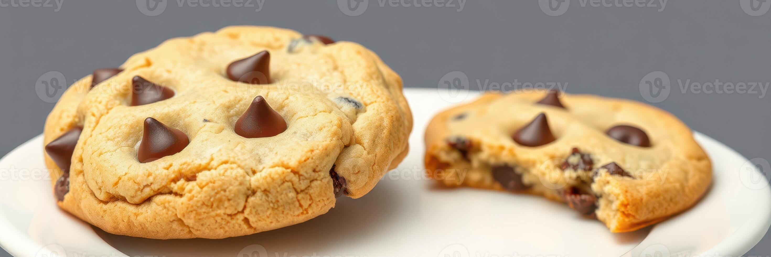 Delicious chocolate chip cookies on a plate with a bite taken out, showcasing an inviting dessert ready for enjoyment photo