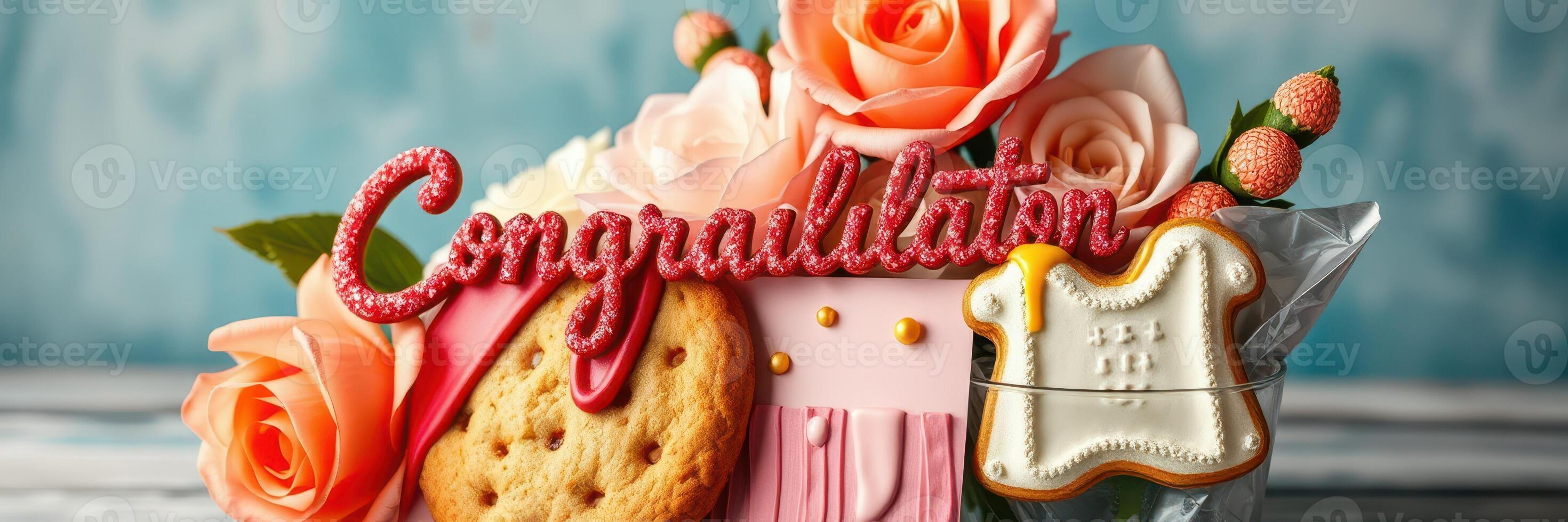 Beautiful floral arrangement celebrating achievement with cookies and a congratulatory message in a vibrant design photo