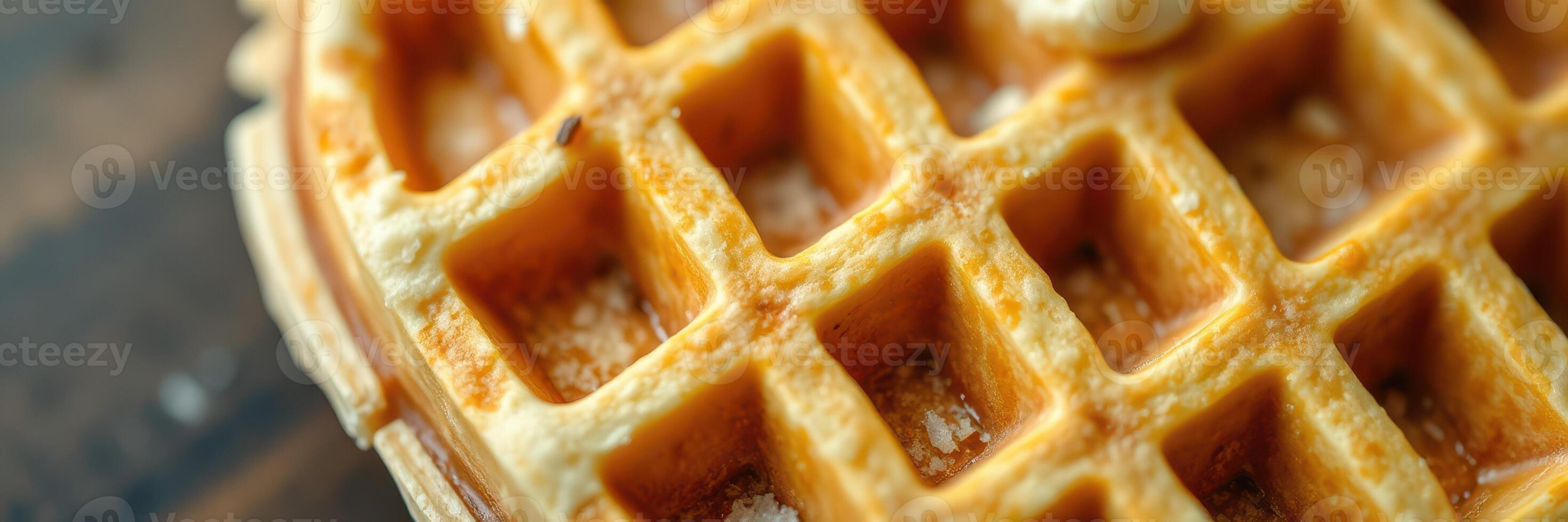 Deliciously golden waffle topped with syrup and butter on a wooden table photo