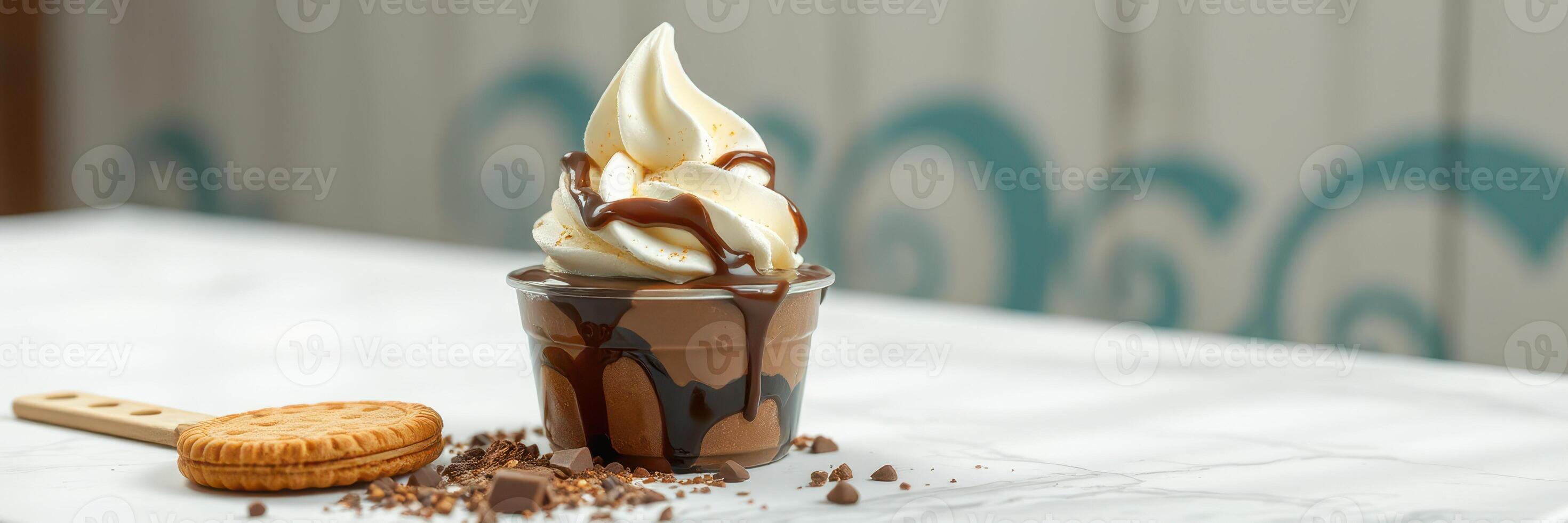Indulgent dessert served in a cup with chocolate syrup and a cookie on a marble table in a cozy setting photo
