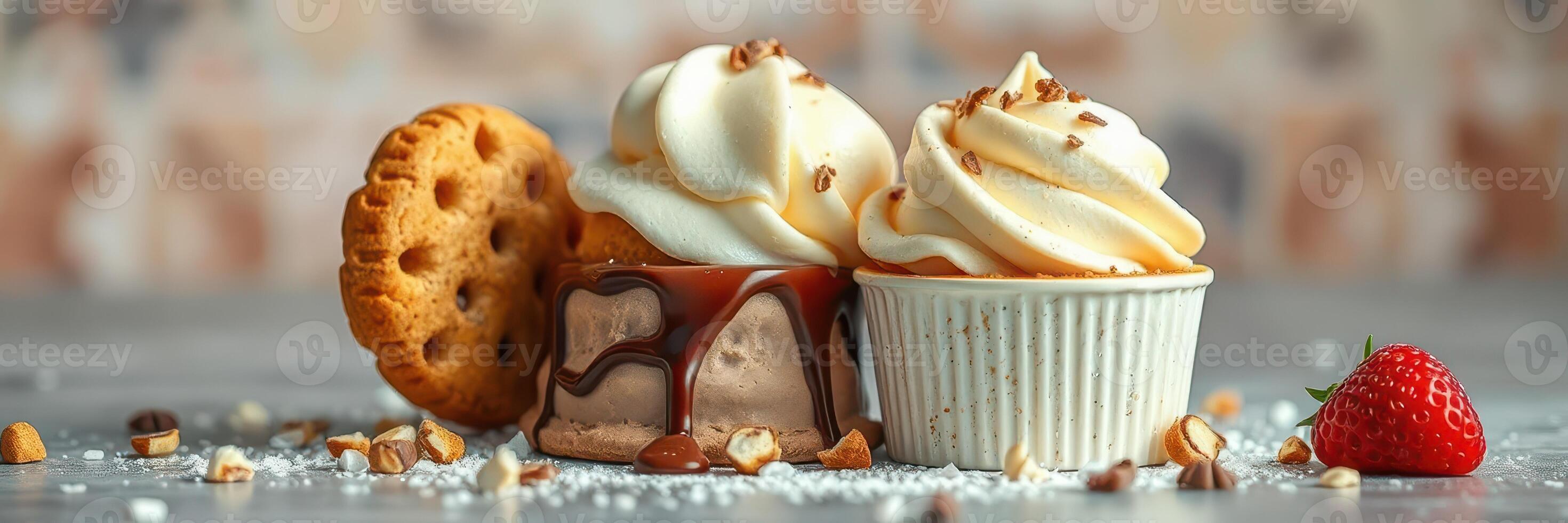 Delicious dessert featuring ice cream, whipped cream, cookie, and strawberry on a textured surface photo