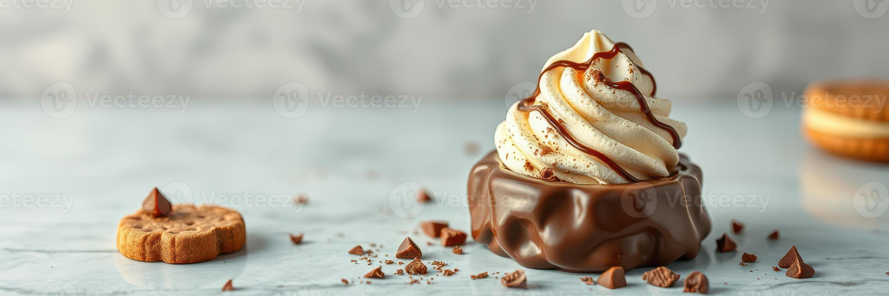 Delicious dessert featuring swirled cream and chocolate coating on a marble surface with cookie accents photo