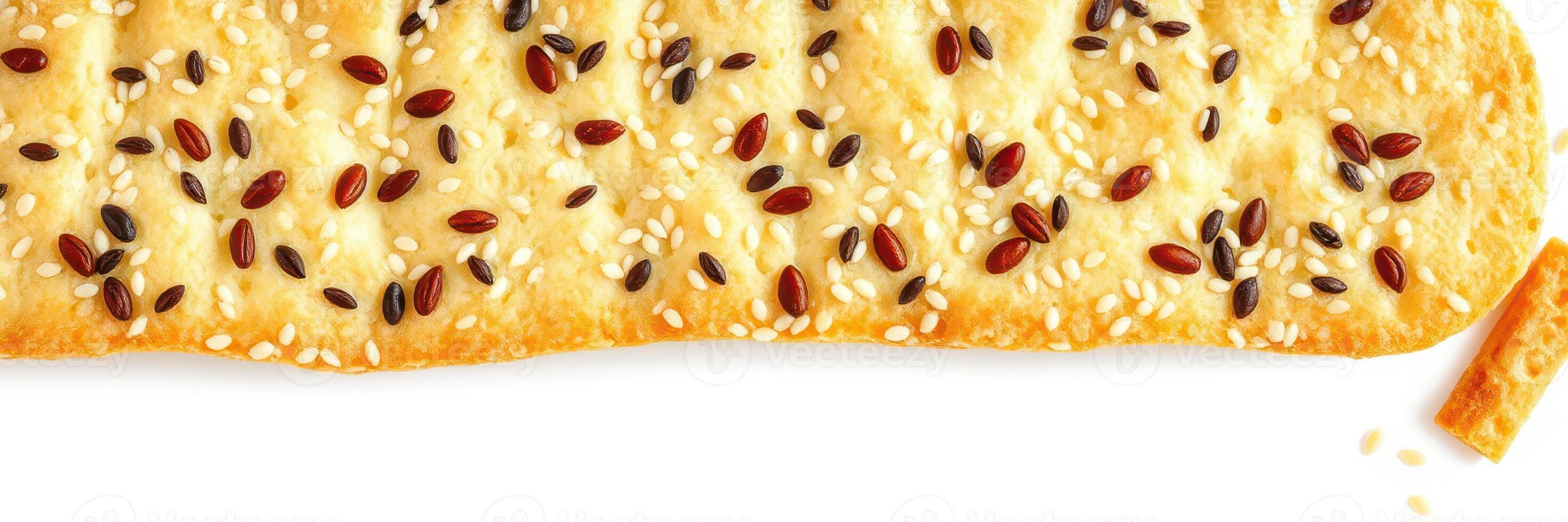 Crusty flatbread topped with sesame and flax seeds on a clean surface ready for serving at mealtime photo