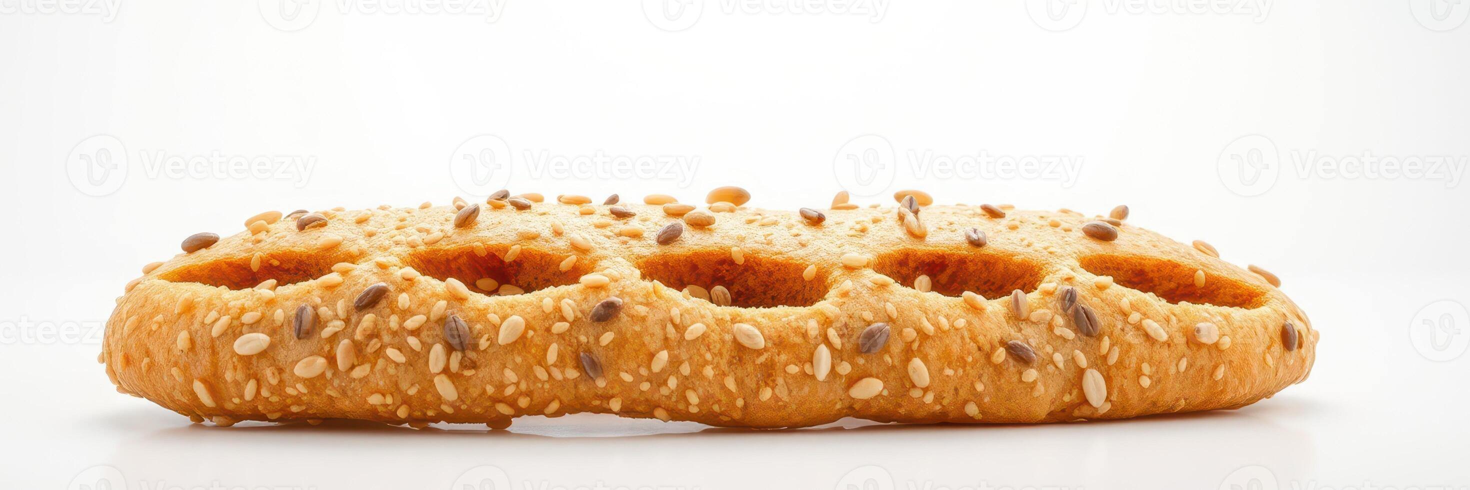 Long, crispy bread stick with sesame seeds on a plain background presenting a snack option in culinary context photo