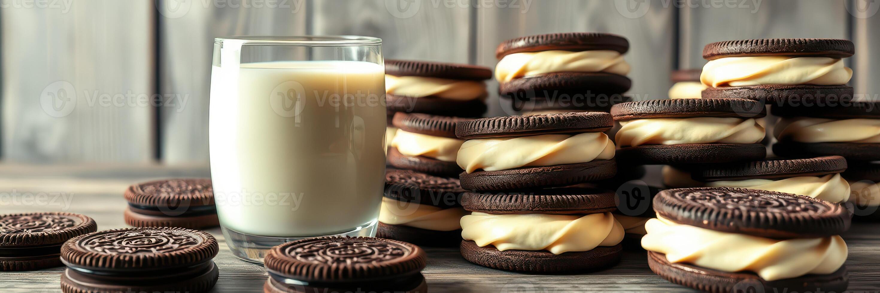 Enjoying cookies with milk in a cozy kitchen setting during afternoon relaxation photo