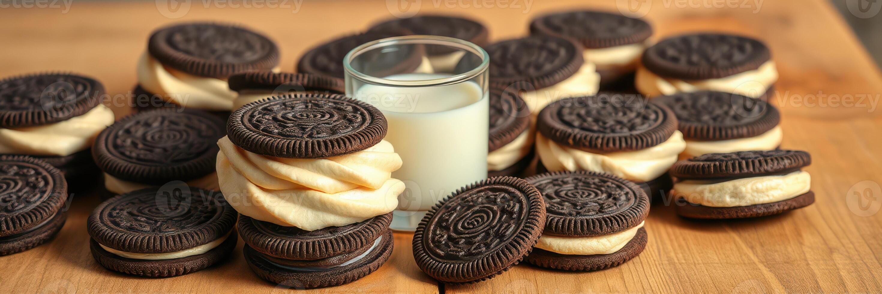 Delicious cookies displayed on a wooden surface with a glass of milk for a delightful snack time experience photo