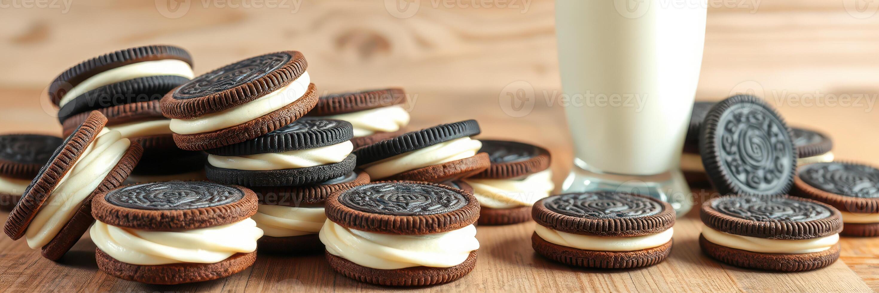 Cookies and milk create a delightful treat on a wooden kitchen table during afternoon snack time photo