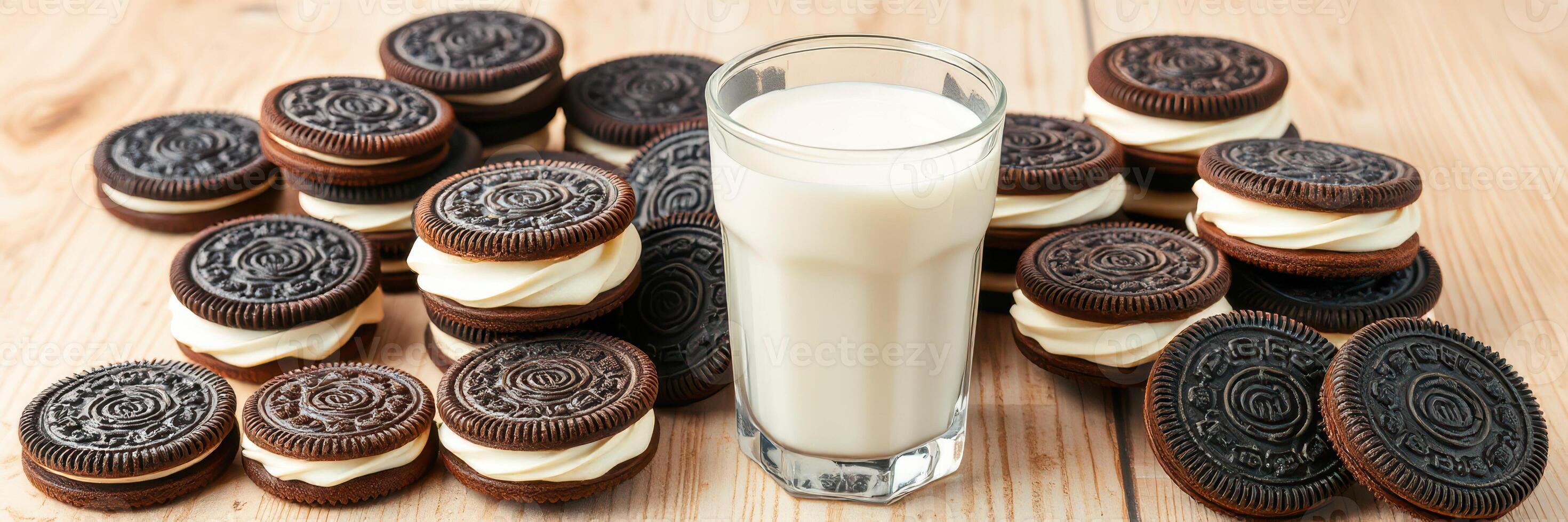 Enjoying cookies and milk on a wooden table surrounded by delicious treats photo