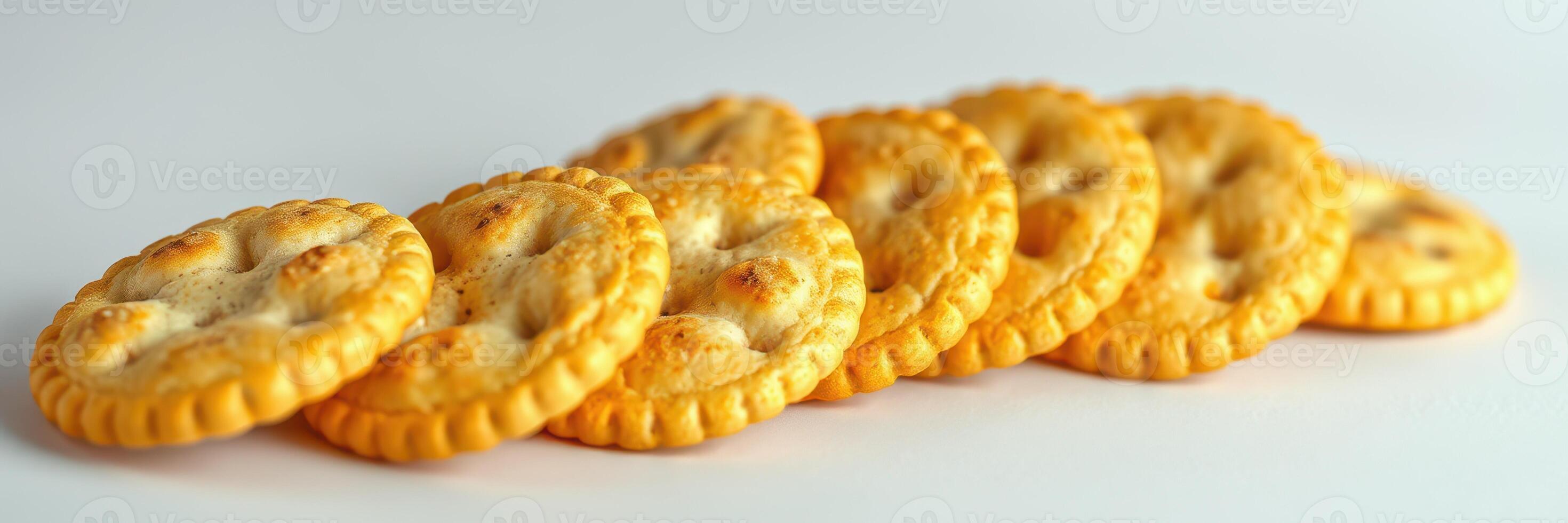 Crisp, golden-brown crackers arranged in a line on a light surface in a well-lit setting photo
