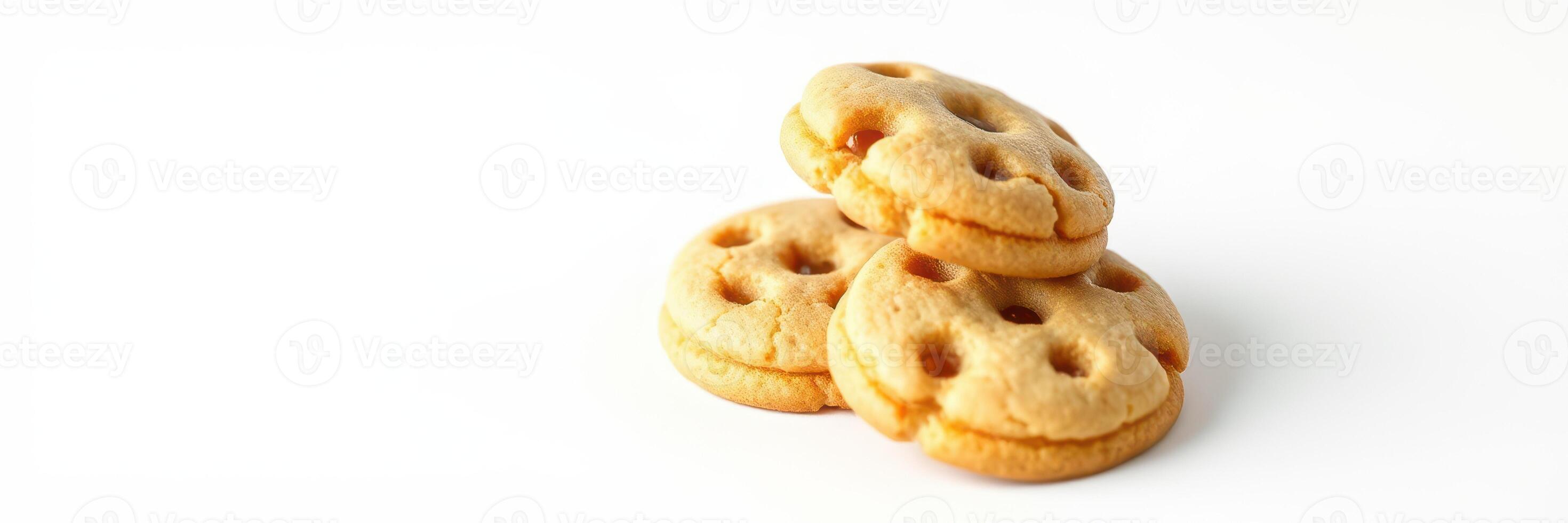 Three delicious and soft round cookies stacked against a white background photo
