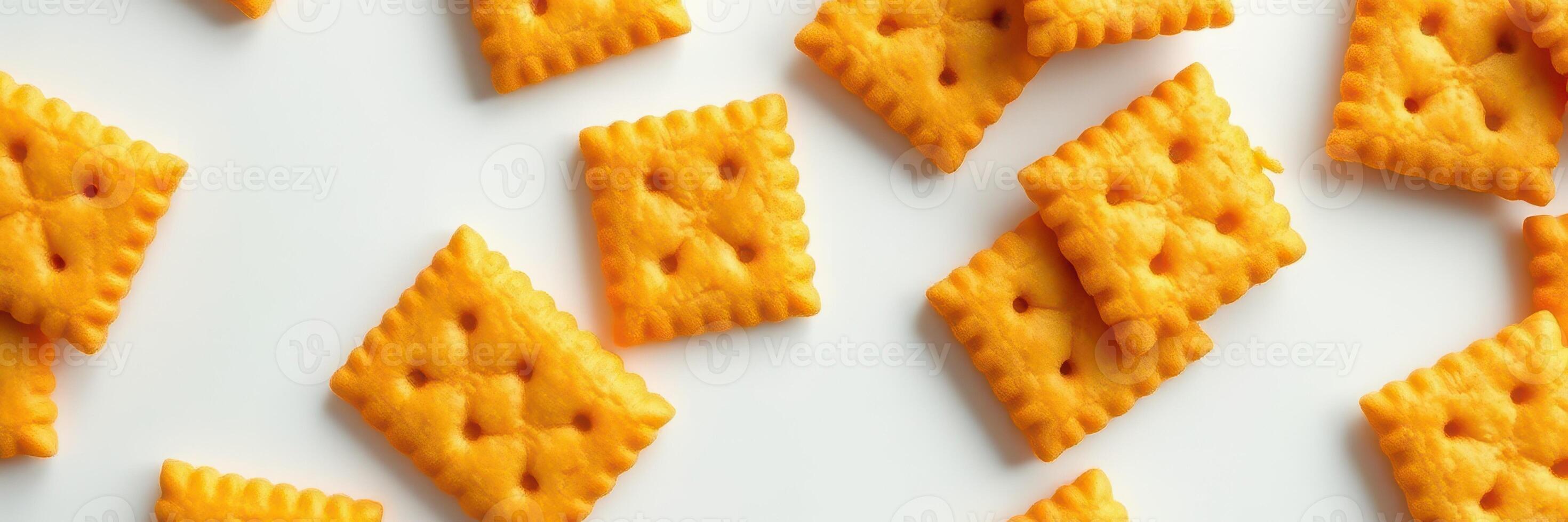 Colorful cheese crackers scattered on a white surface inviting tasty snacking moments at any gathering or event photo
