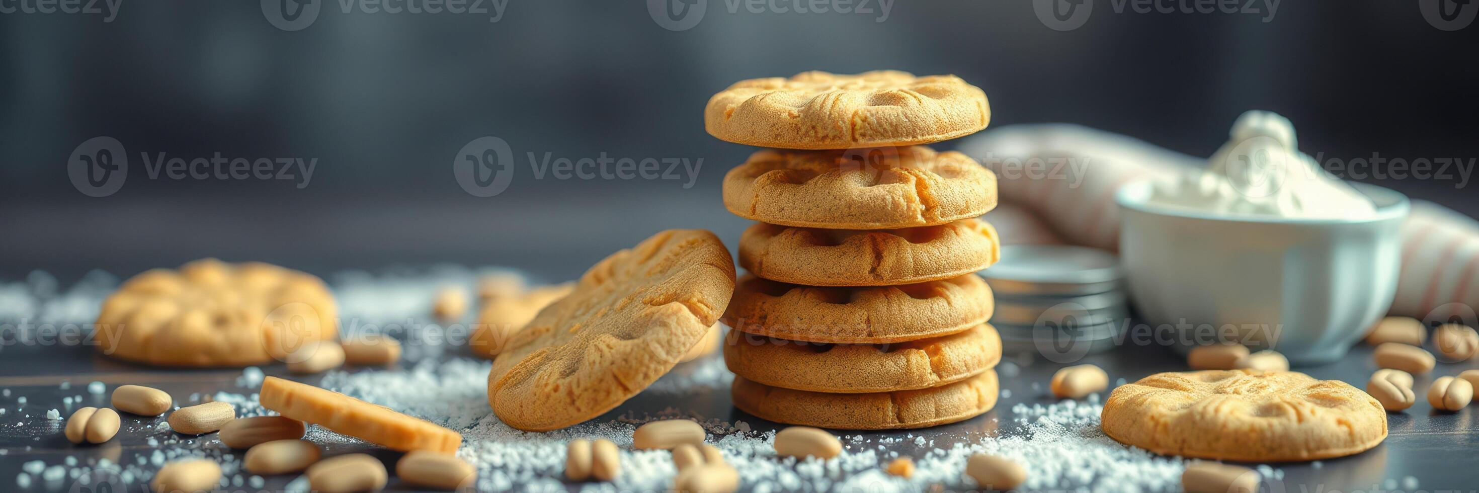 Delicious stack of freshly baked cookies with nuts and sugar on a dark wooden surface photo