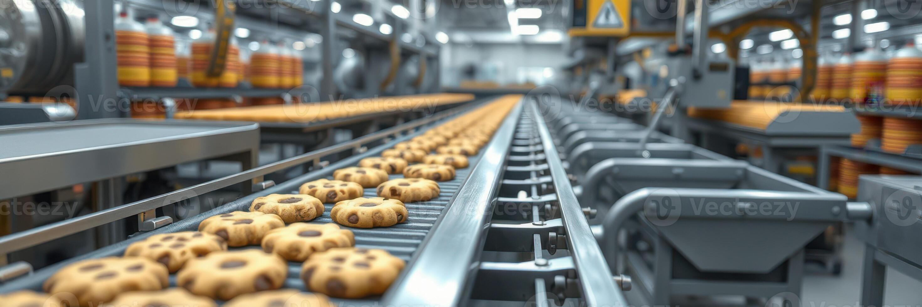 Cookies travel on a conveyor belt in a large factory setting during the production process photo