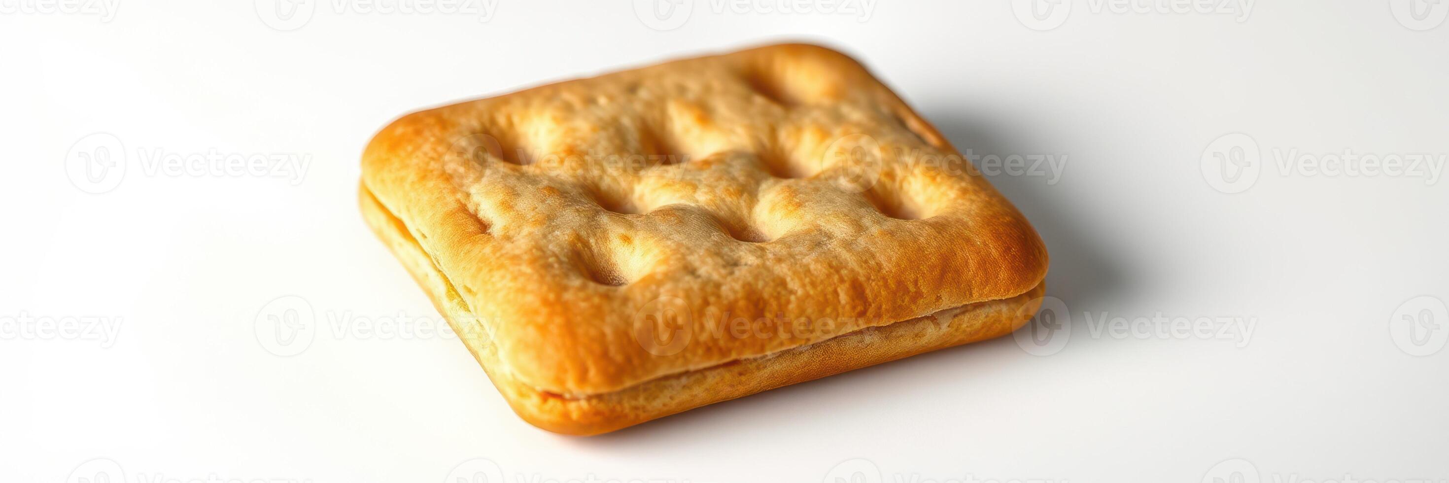Delicious square biscuit resting on a white surface showcasing its golden brown texture and soft appearance photo