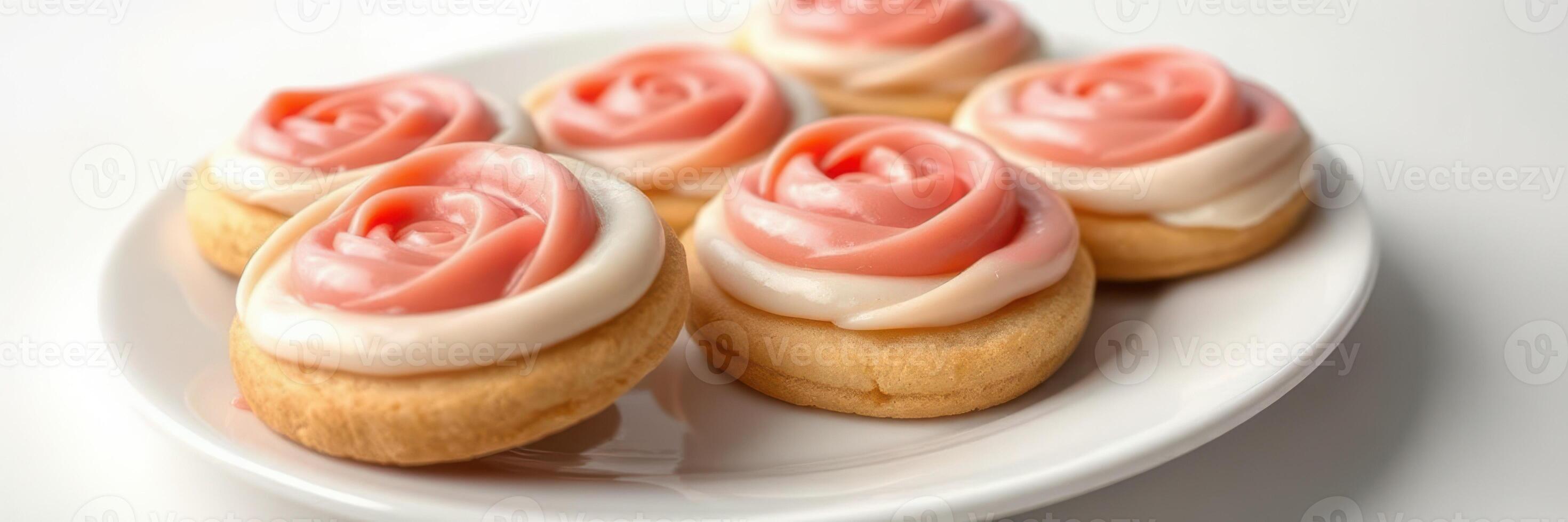 Beautifully decorated cookies with rose-shaped icing arranged on a white plate photo
