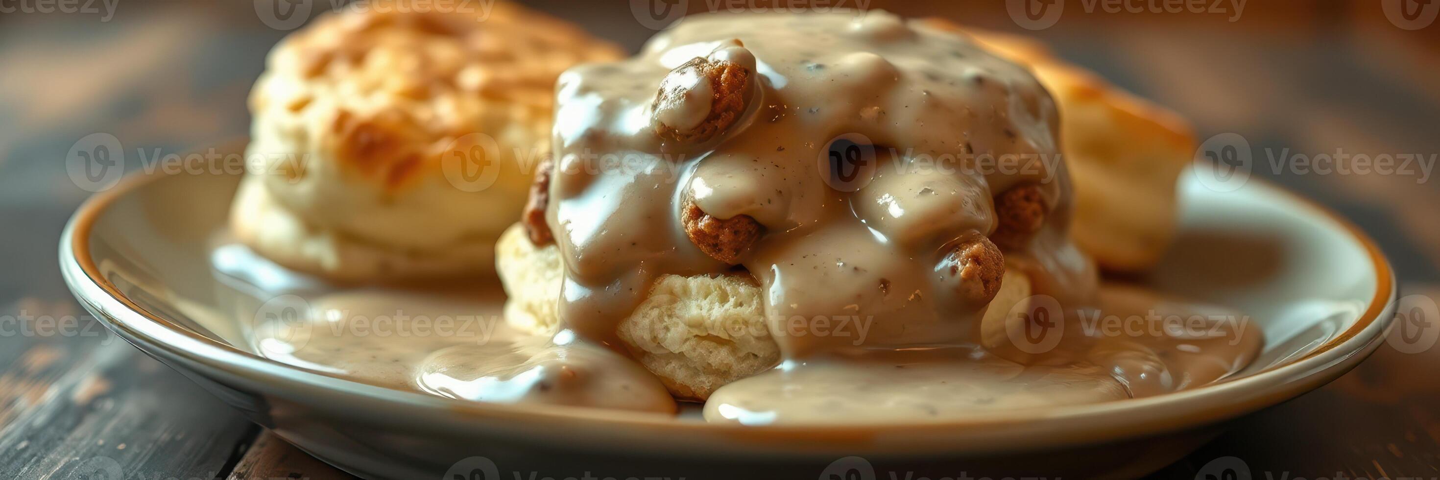 Savory biscuits topped with rich sausage gravy on a rustic wooden table in a cozy kitchen setting photo