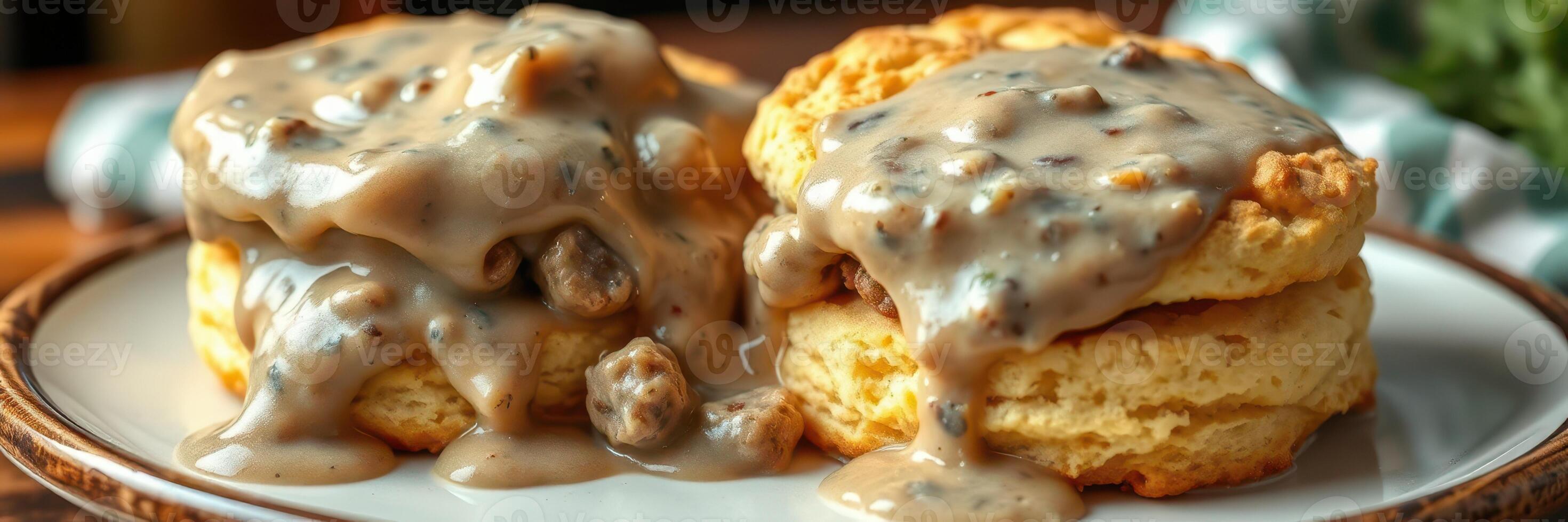 Delicious homemade biscuits with creamy sausage gravy served on a plate in a cozy kitchen setting photo