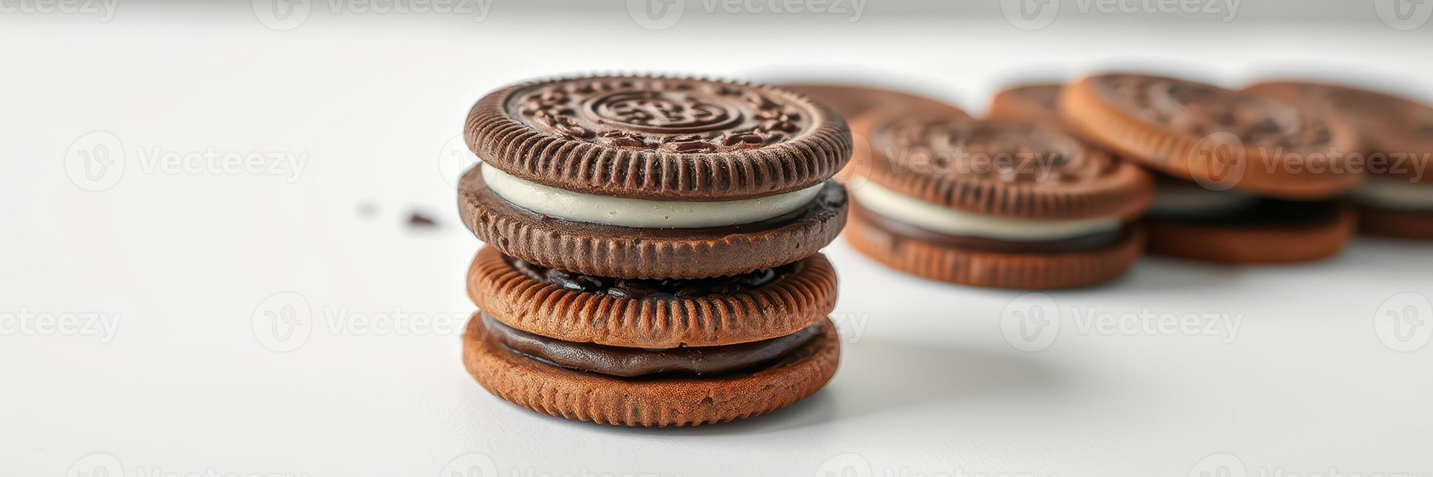Cookie stacking activity on a white tabletop with various cream-filled cookies photo