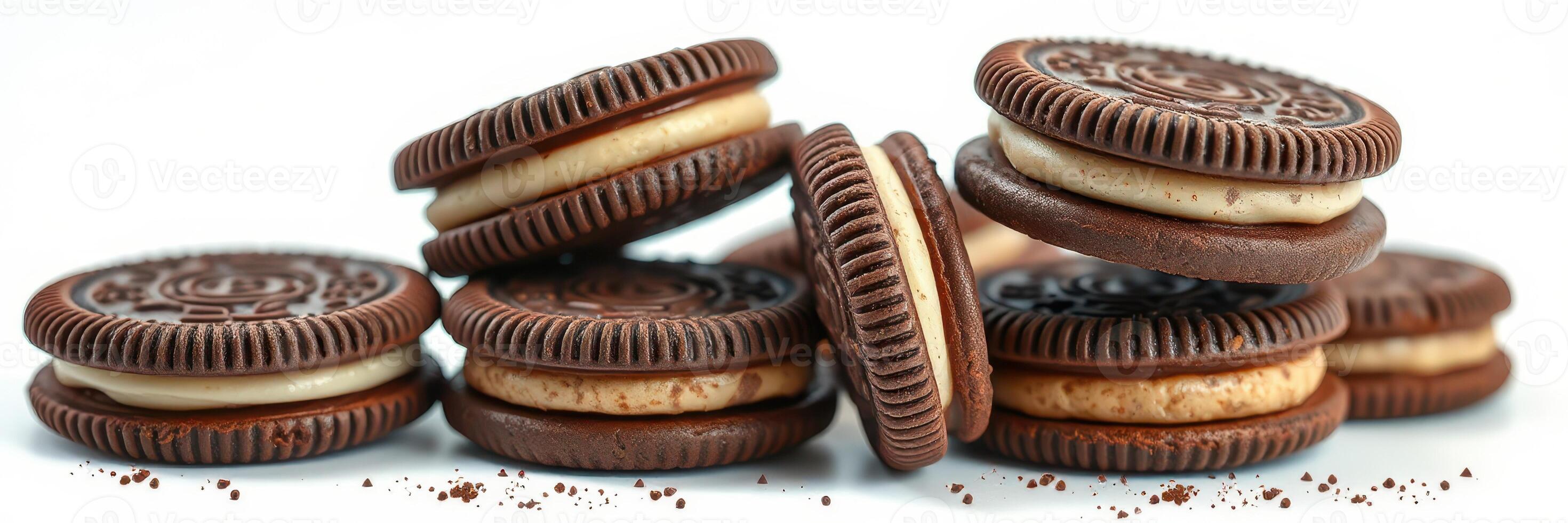 Delightful chocolate sandwich cookies stacked on a white surface showcasing their creamy filling and rich texture photo