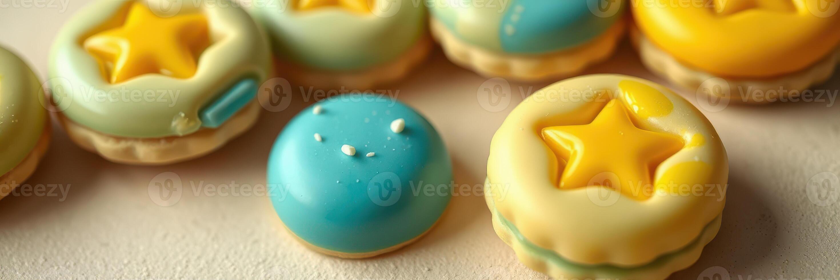 Colorful macarons with star designs arranged on a neutral background showcasing artistic baking photo