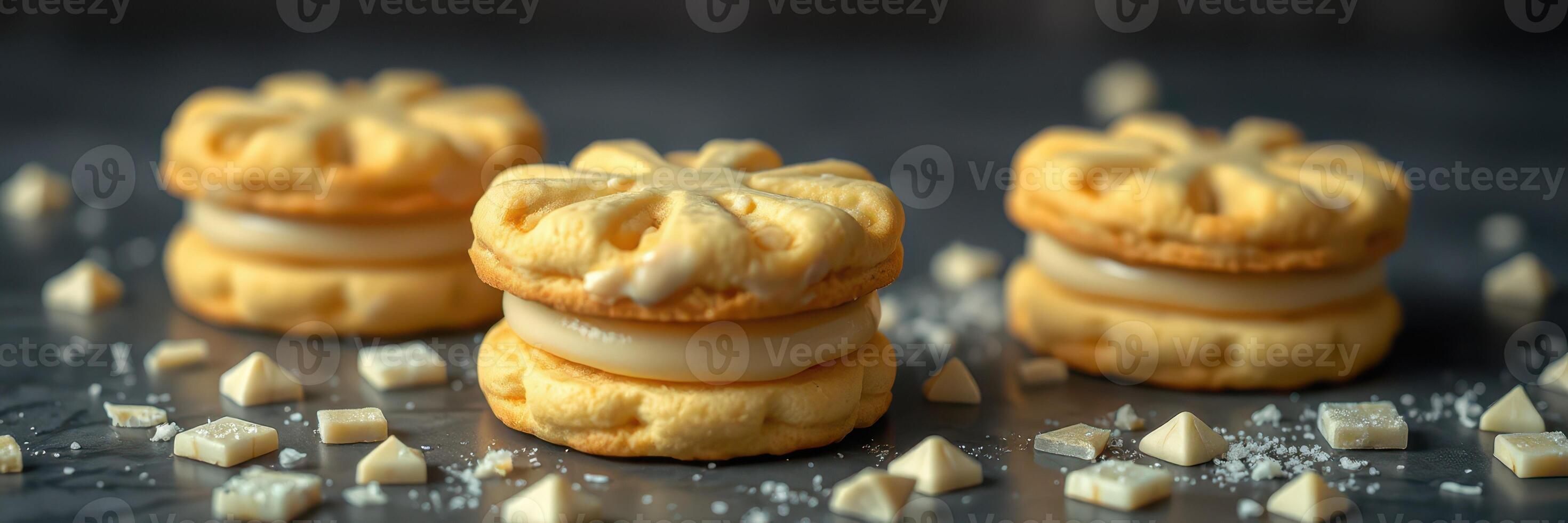Delicious homemade cookies with creamy filling and white chocolate pieces on a dark surface photo