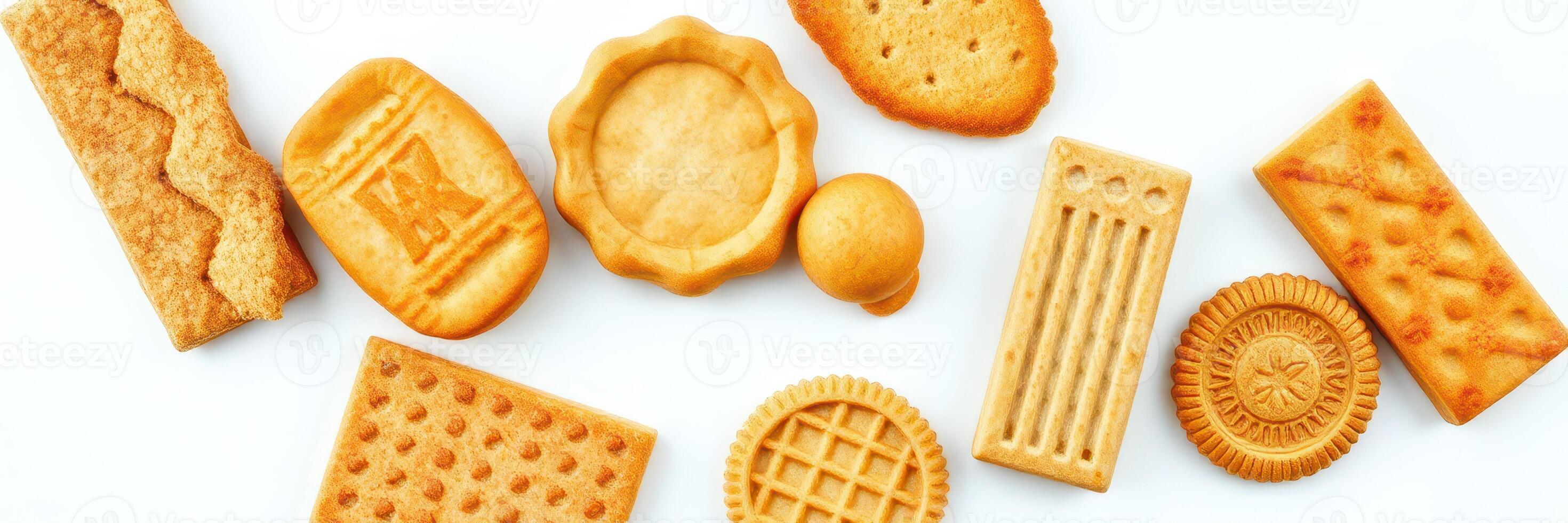 Variety of traditional baked cookies arranged on a white background with unique shapes and textures photo