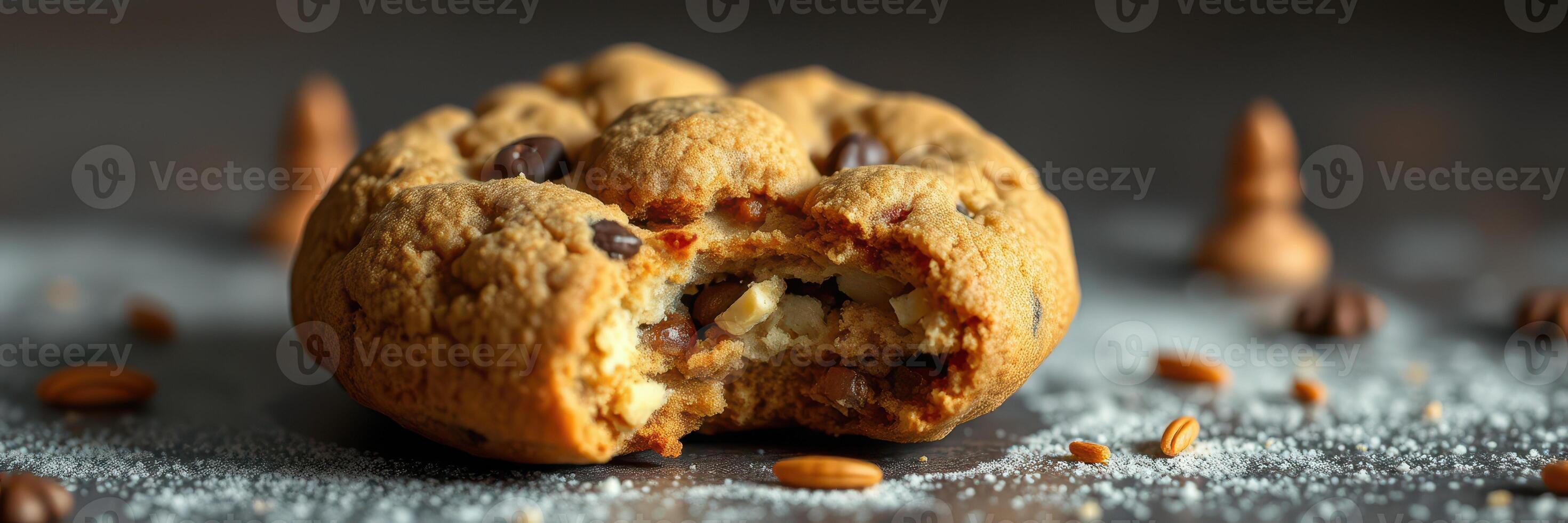 Freshly baked chocolate chip cookie with a bite taken out, sitting on a dark surface photo