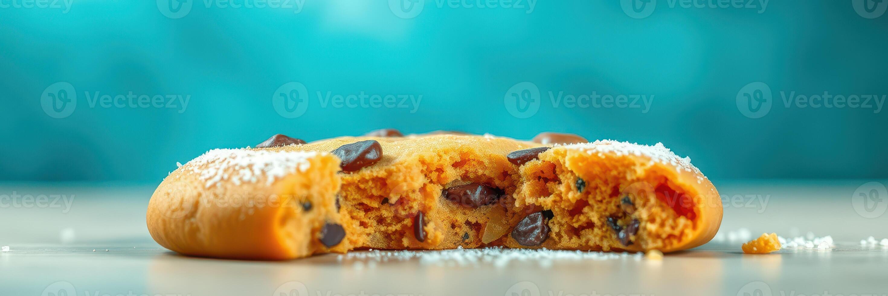 Delicious chocolate chip cookie with powdered sugar on a wooden table against a vibrant blue background photo