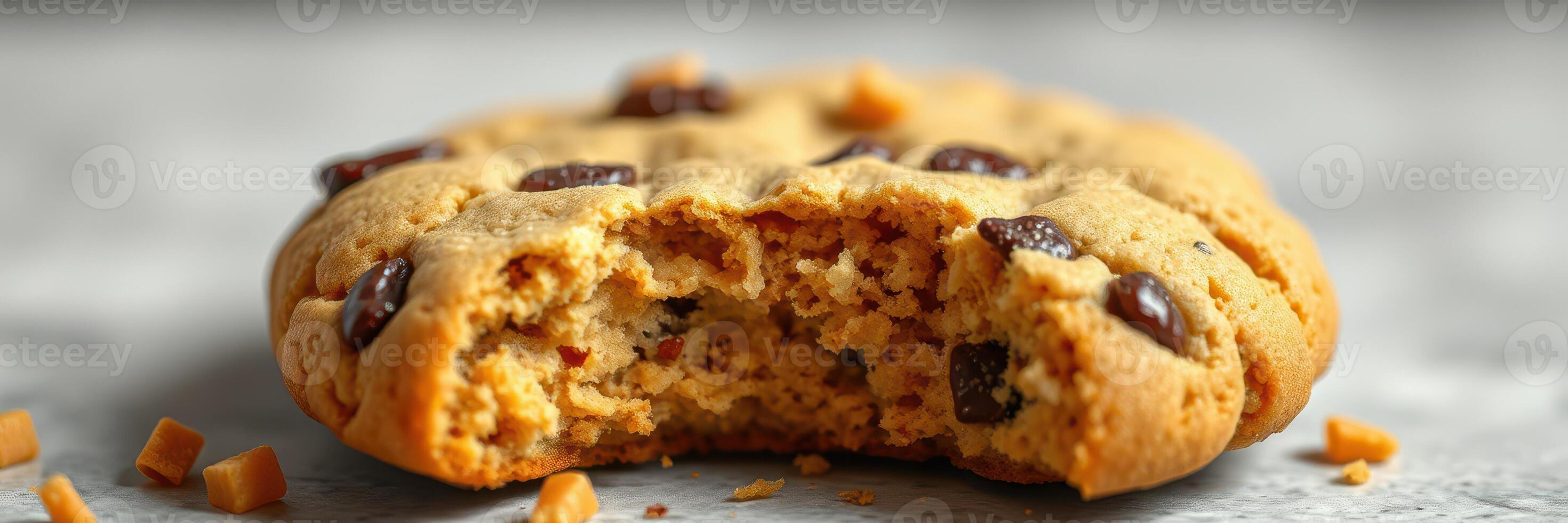 Delicious chocolate chip cookie with a bite taken, showcasing its soft texture and chocolate chunks photo