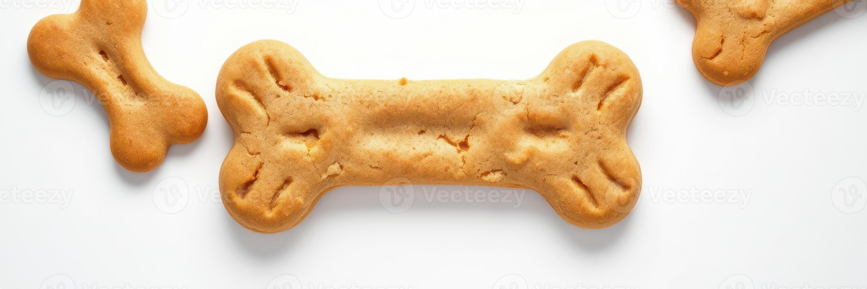 Homemade dog treats shaped like bones on a plain white background ready for pets to enjoy photo
