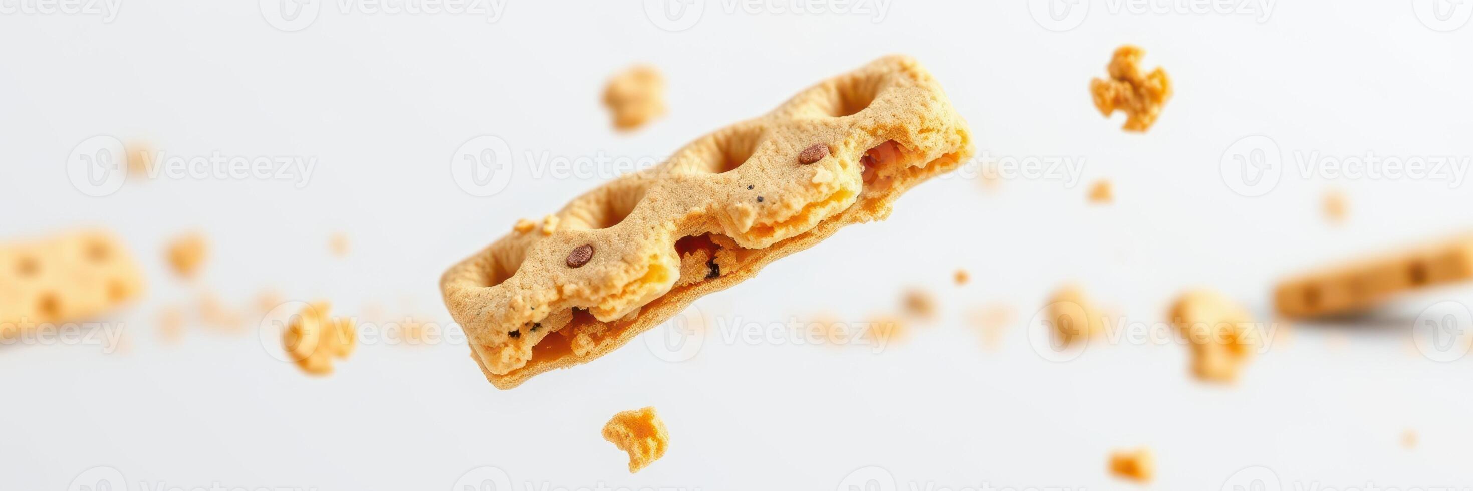 Crumbly snack flying in the air with scattered bits around it in a bright setting photo