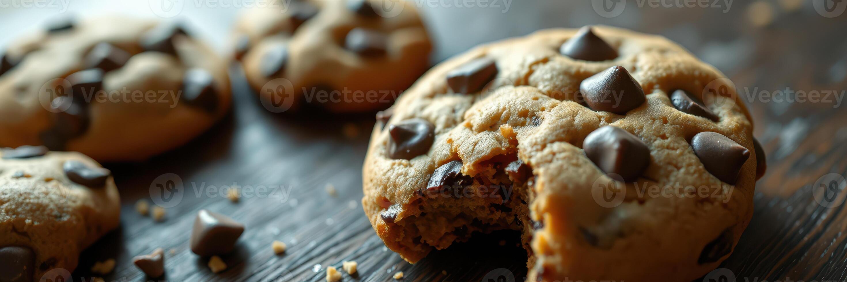 Delicious chocolate chip cookies freshly baked on a wooden table with a bite taken from one cookie photo