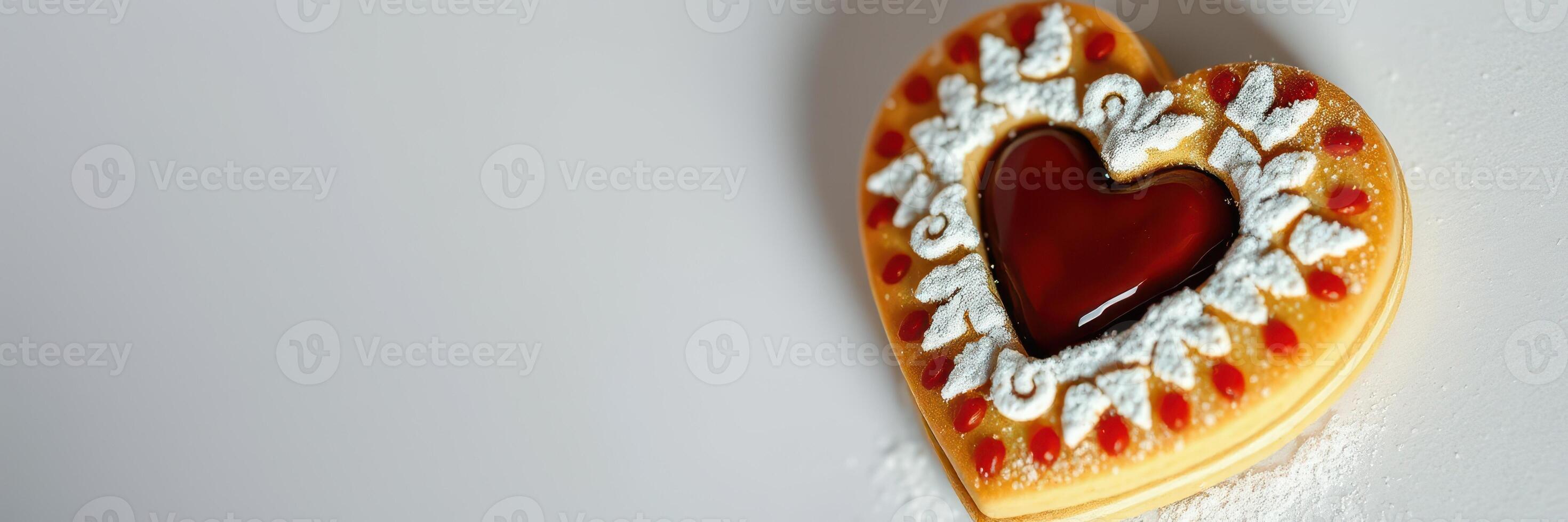 Heart-shaped cookie decorated with icing and jam on a plain background photo