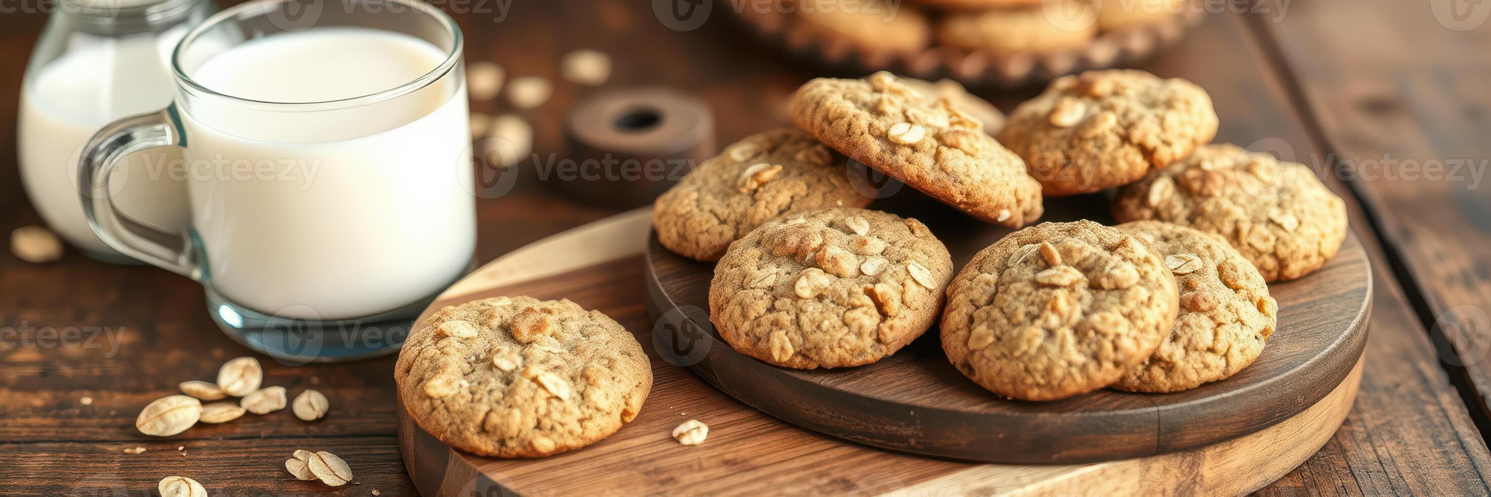 Freshly baked oatmeal cookies served with a glass of milk on a wooden table photo