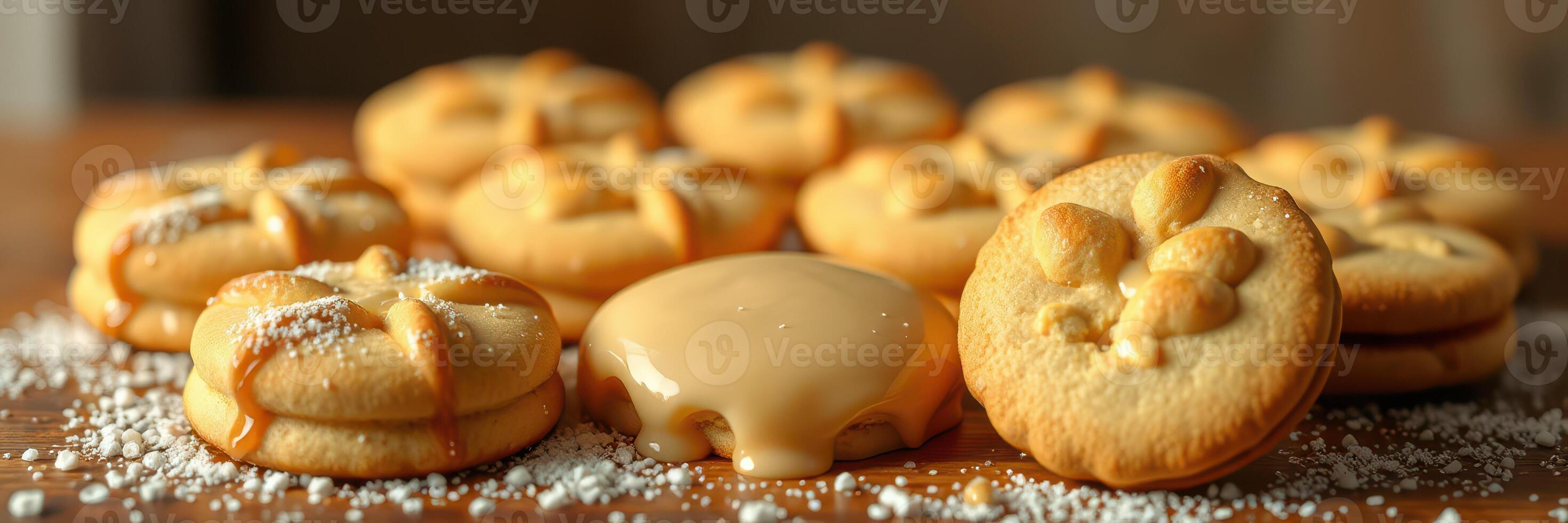 Delicious freshly baked cookies arranged on a wooden surface with creamy frosting and powdered sugar photo