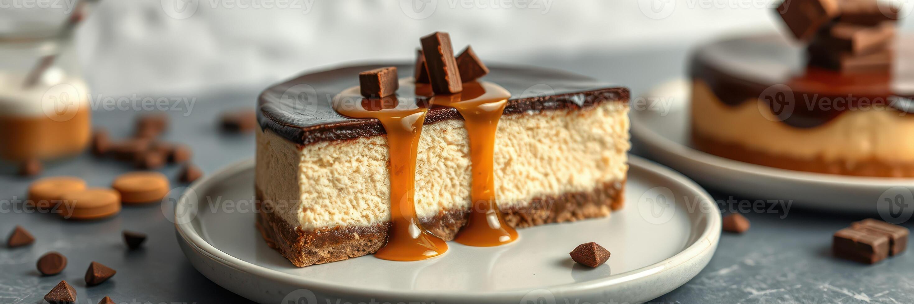 Delicious dessert display featuring rich cheesecake with caramel sauce and chocolate garnishes in an elegant setting photo