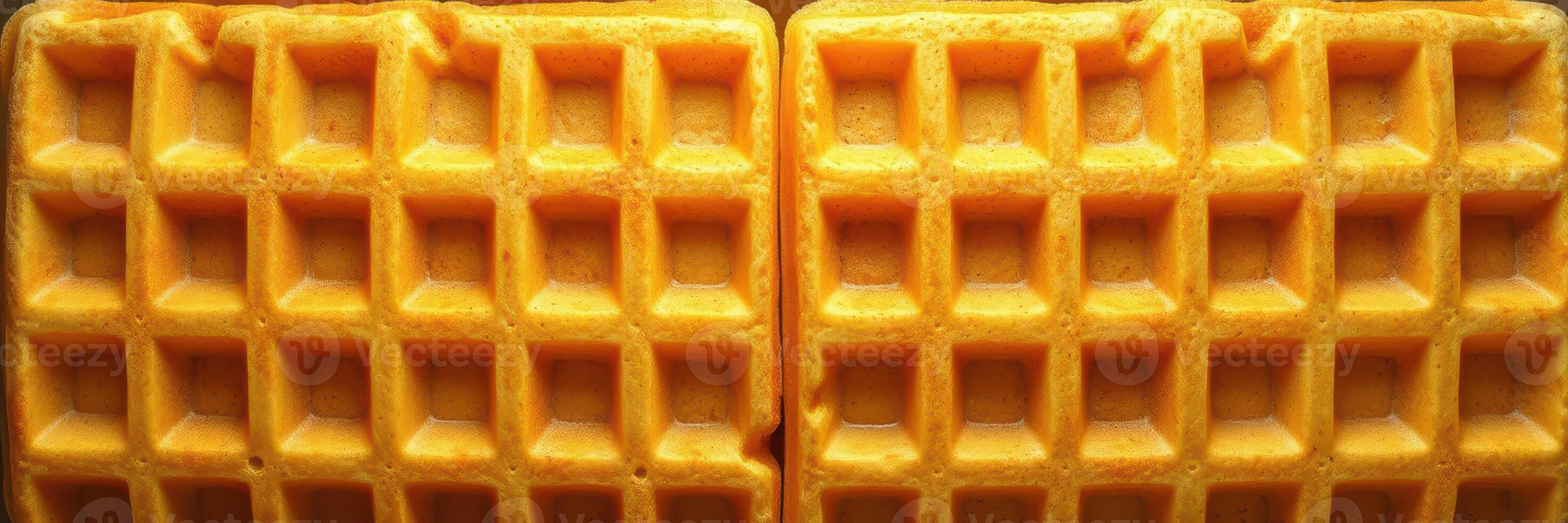 Freshly cooked golden waffles placed side by side on a wooden surface ready to be served with toppings photo