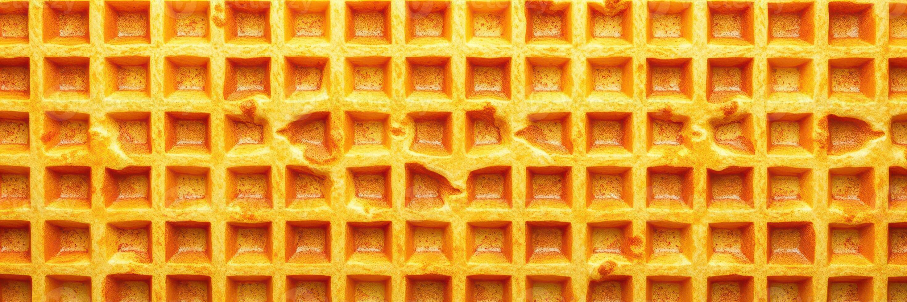 Waffle texture close-up showcasing intricate grid pattern and golden color on a sunny day photo
