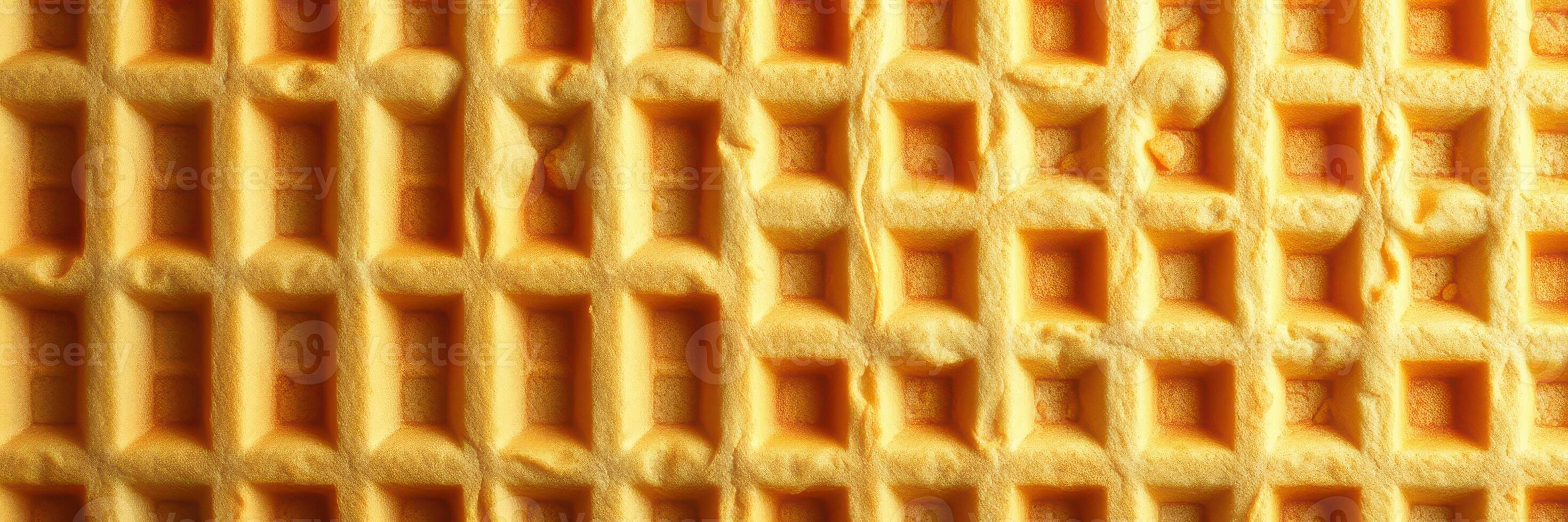 Detailed view of a freshly made waffle showcasing its grid pattern and golden texture at breakfast time photo