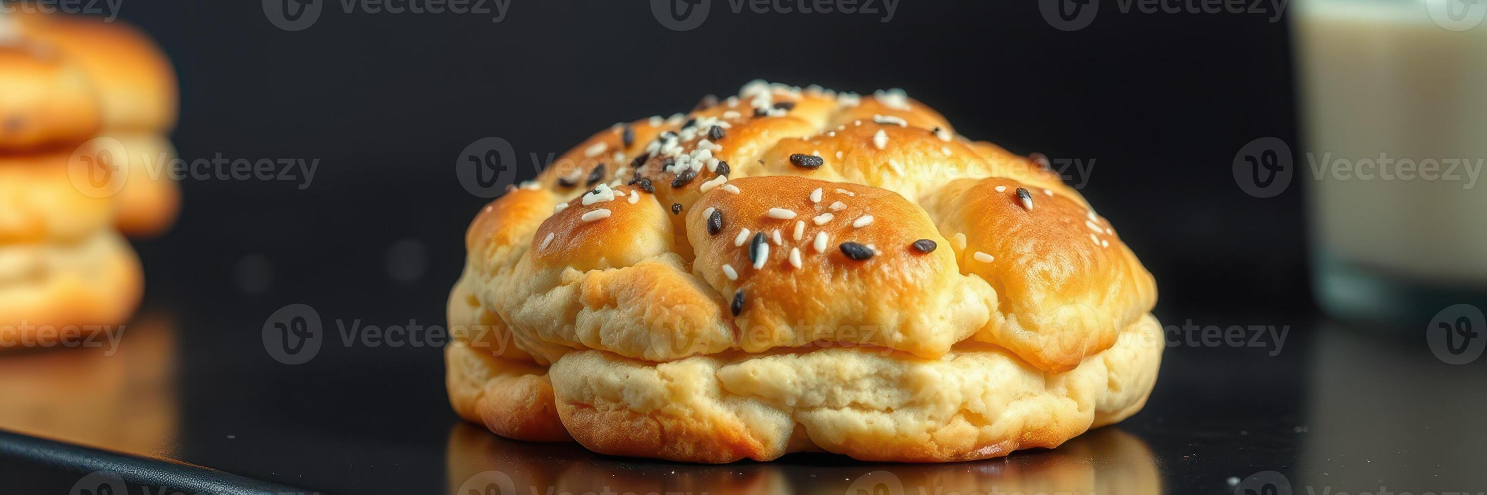 Freshly baked bread rolls with sesame seeds displayed on a dark countertop photo