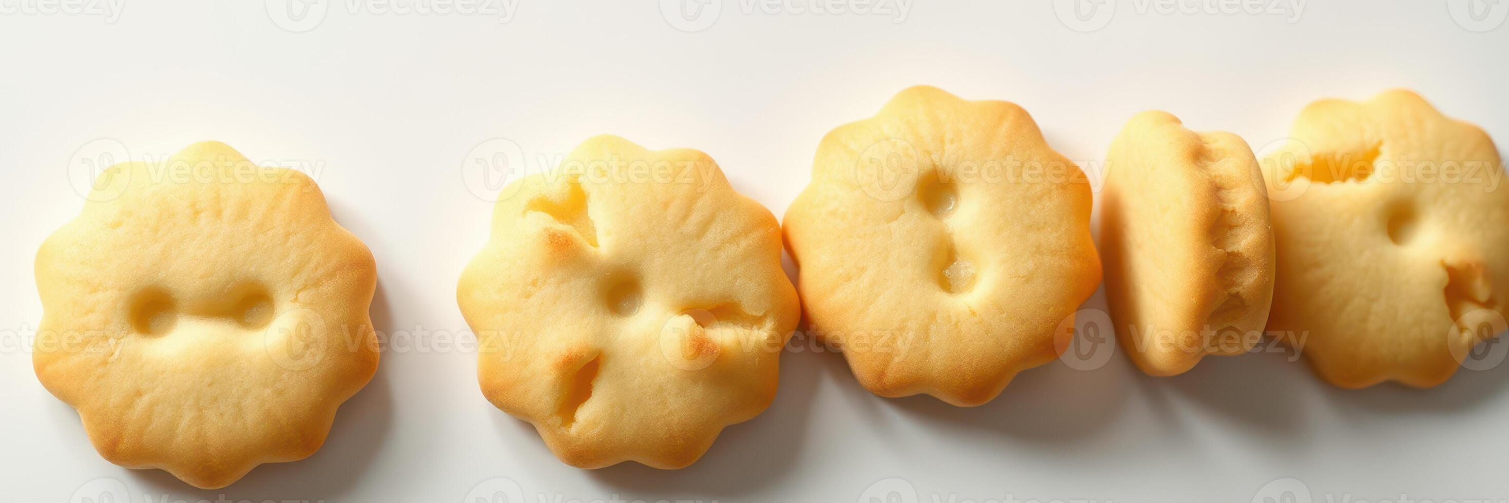 Different shapes of homemade cookies arranged in a row on a white surface photo