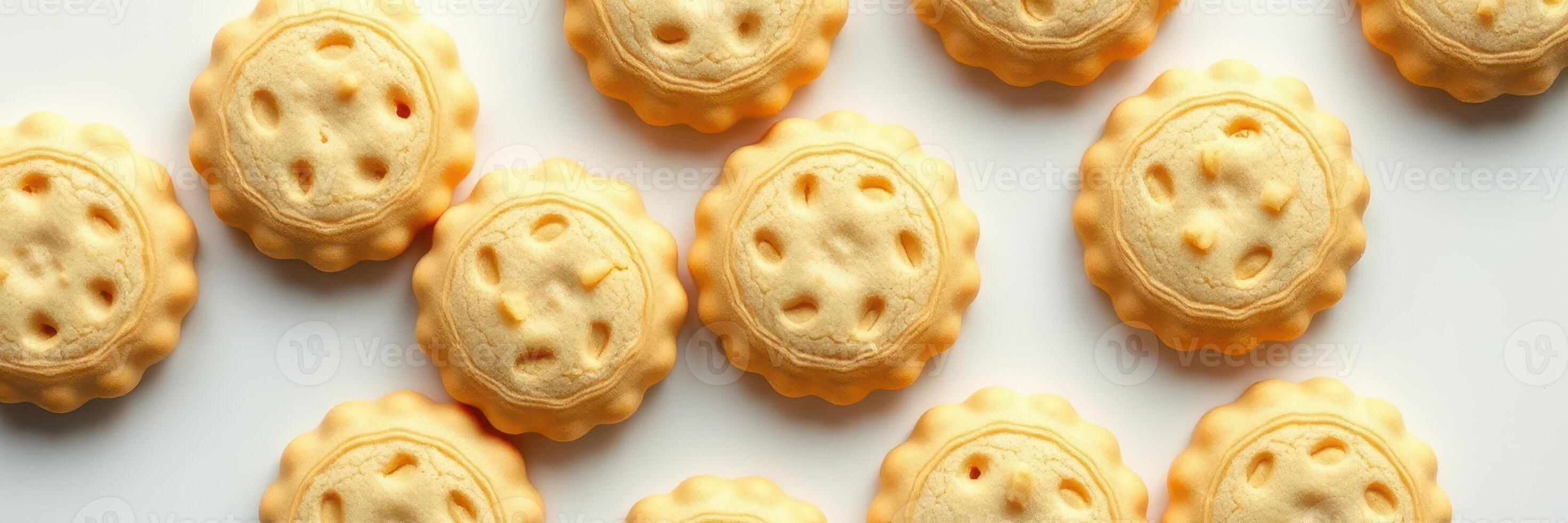 Traditional cookies arranged on a white background, showcasing their intricate design and golden color photo
